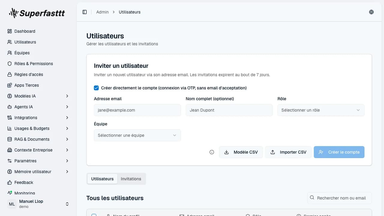 Carte d'invitation avec « Créer directement le compte » cochée — le champ Nom complet apparaît et le bouton bascule sur « Créer le compte »