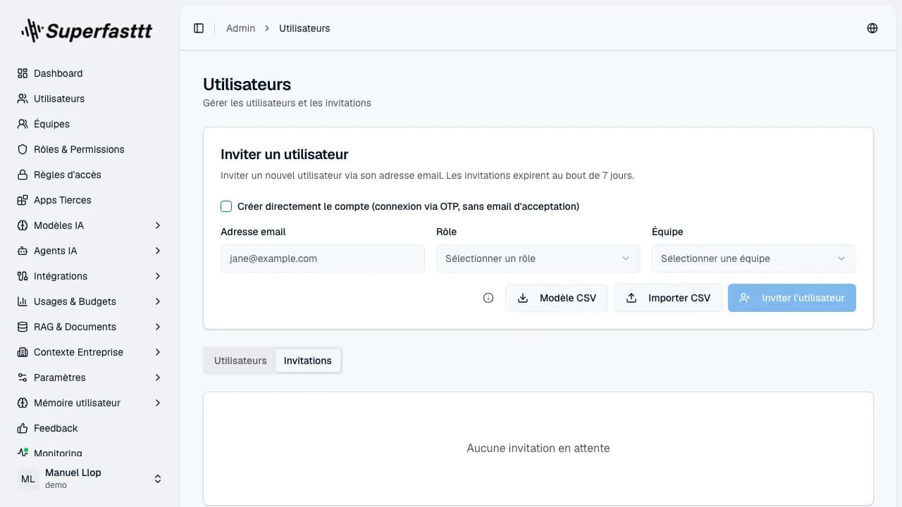 Onglet Invitations — état vide « Aucune invitation en attente »