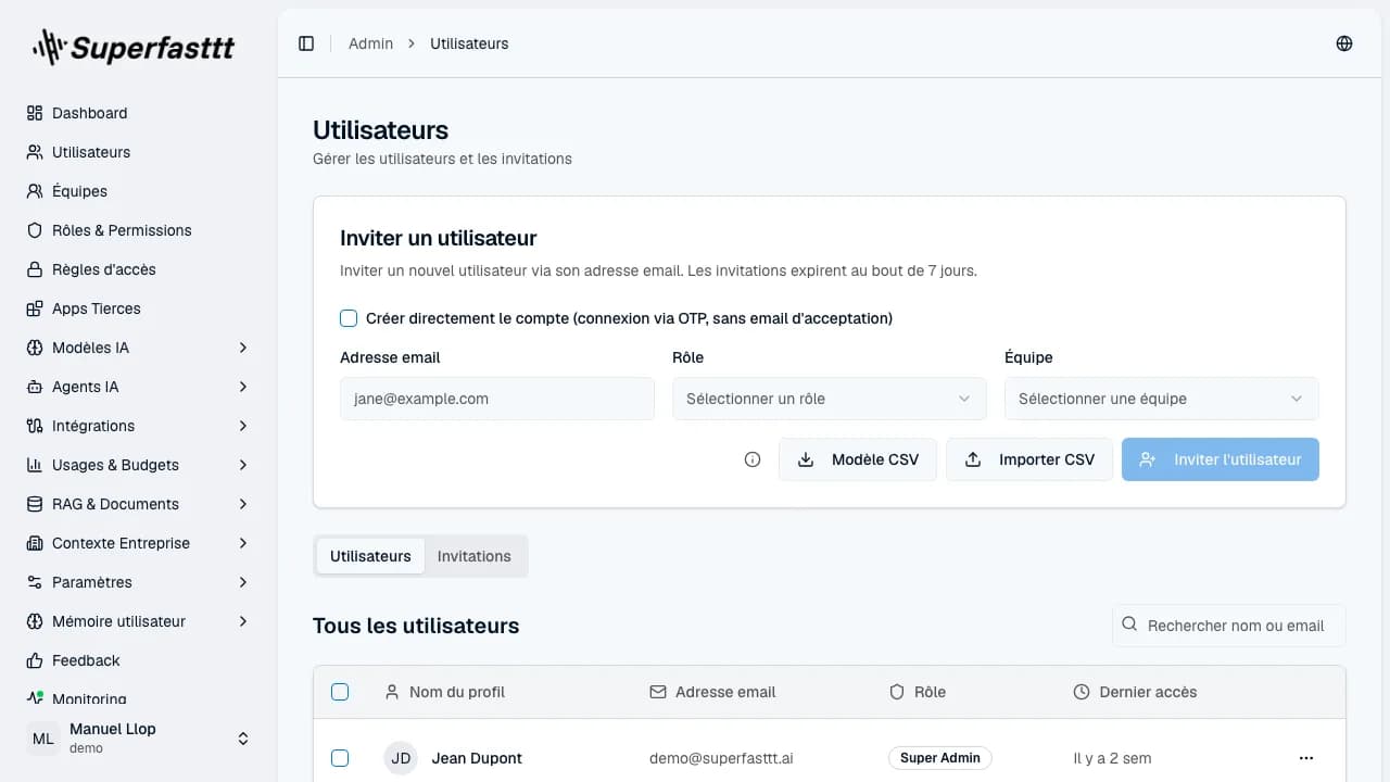 Vue d'ensemble de la rubrique Utilisateurs : carte d'invitation et onglets Utilisateurs/Invitations